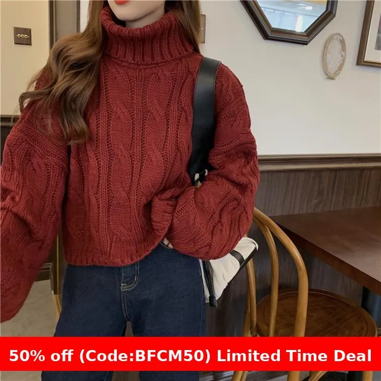 Wenkouban carhartt vest outfit winter outfits Black Friday chill guy Autumn New Korean Style Lazy Style Solid Color Loose Thick Short Turtleneck Sweater Women's Thickened Knitted Top