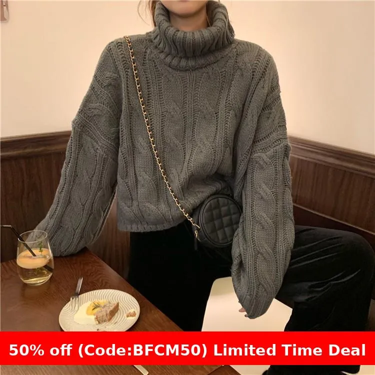 Wenkouban carhartt vest outfit winter outfits Black Friday chill guy Autumn New Korean Style Lazy Style Solid Color Loose Thick Short Turtleneck Sweater Women's Thickened Knitted Top