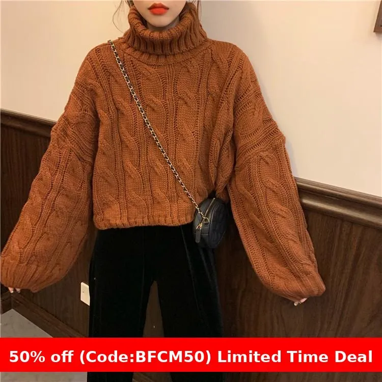 Wenkouban carhartt vest outfit winter outfits Black Friday chill guy Autumn New Korean Style Lazy Style Solid Color Loose Thick Short Turtleneck Sweater Women's Thickened Knitted Top
