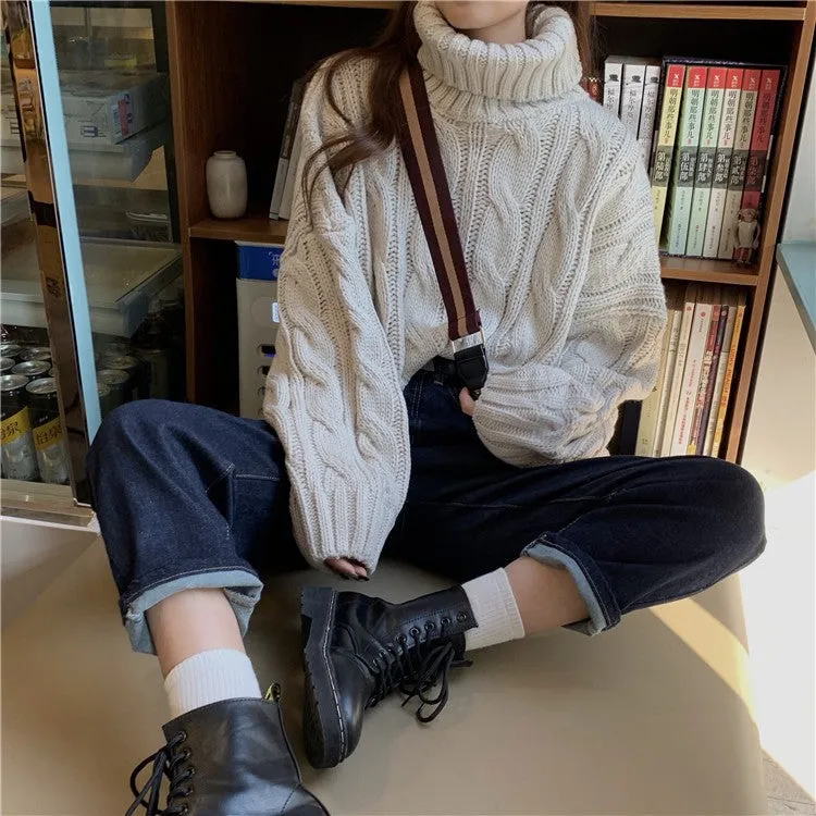 Wenkouban carhartt vest outfit winter outfits Black Friday chill guy Autumn New Korean Style Lazy Style Solid Color Loose Thick Short Turtleneck Sweater Women's Thickened Knitted Top