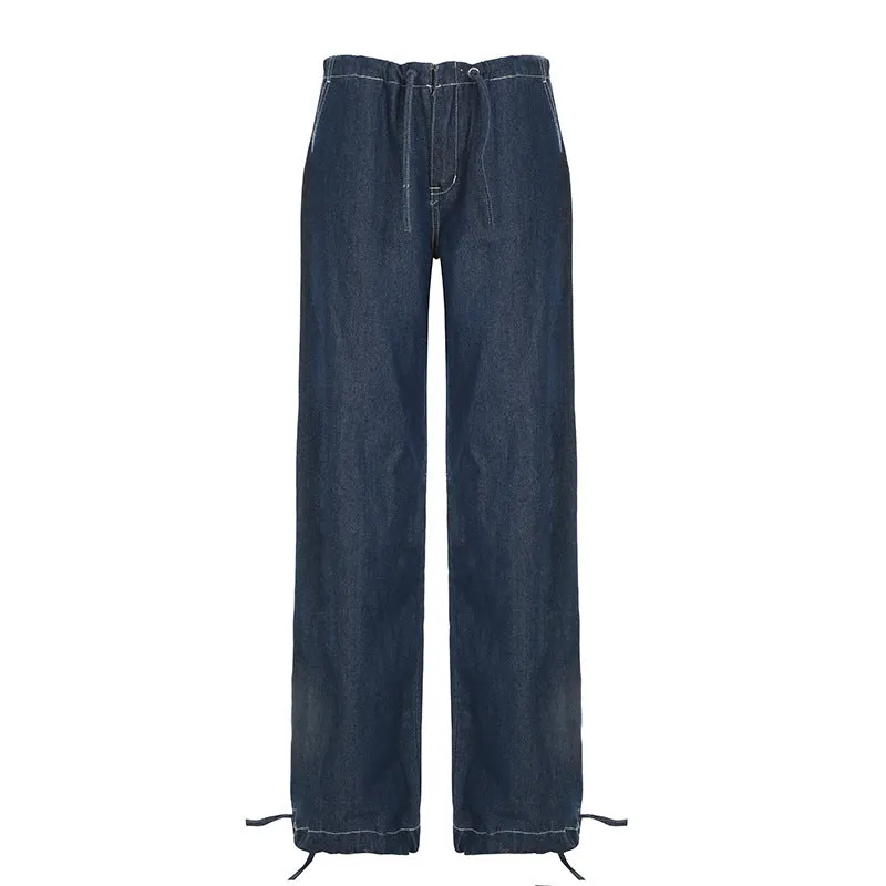 Wenkouban carhartt vest outfit winter outfits winter outfits  Low Waist Drawstring Ankle-Tied Basic Jeans Hot Girl Street Loose Casual Straight Trousers