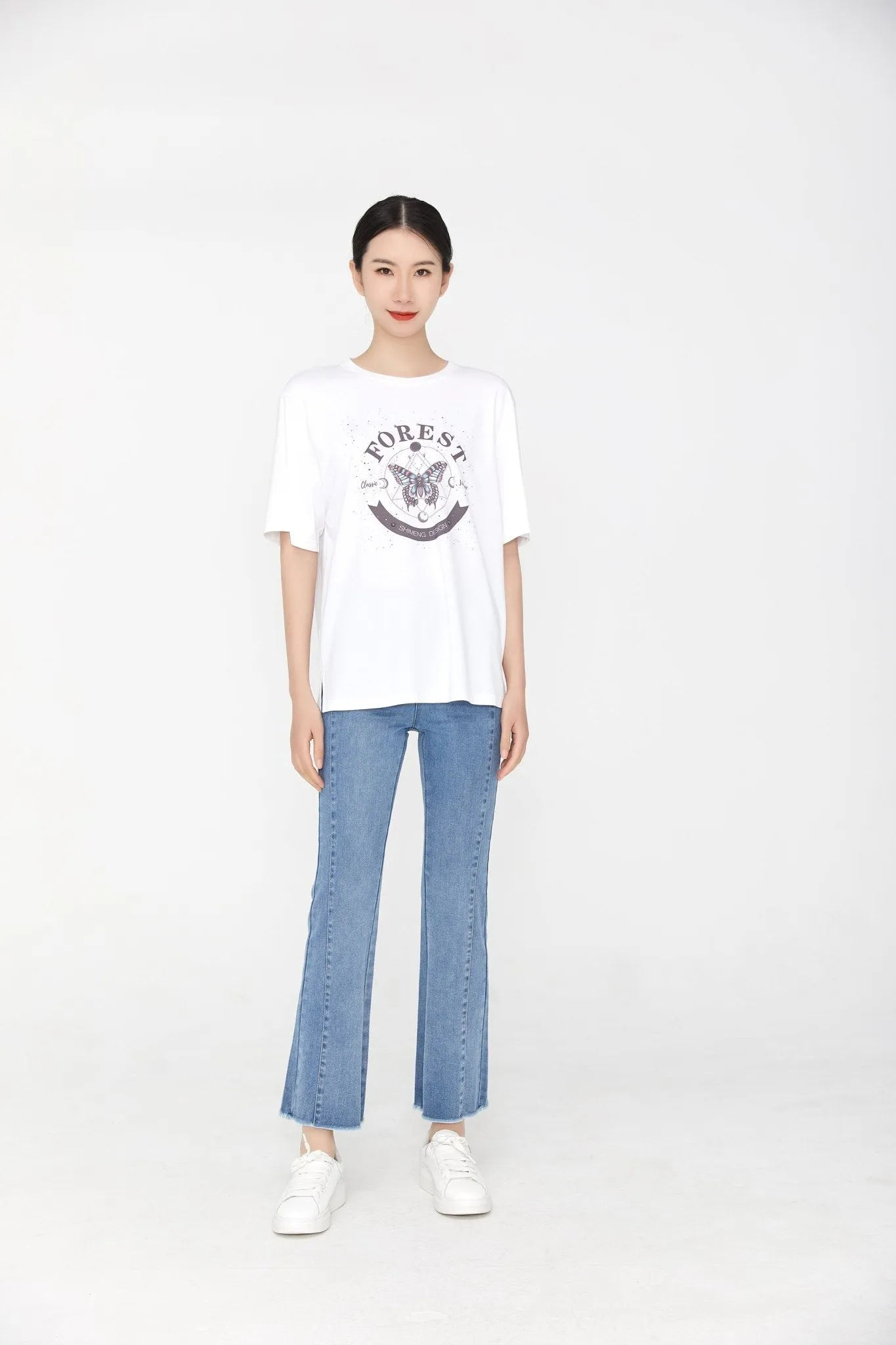 White T-shirt Butterfly Pattern