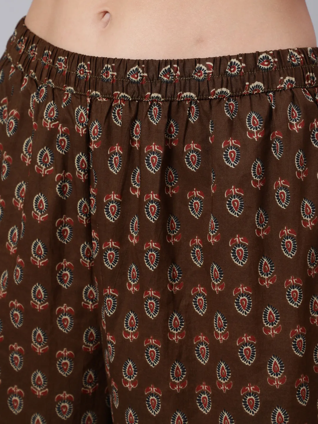 Women Brown Ethnic Motifs Yoke Design Pure Cotton Kurta With Trousers & With Dupatta