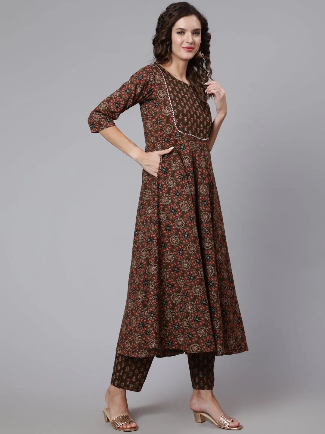 Women Brown Ethnic Motifs Yoke Design Pure Cotton Kurta With Trousers & With Dupatta