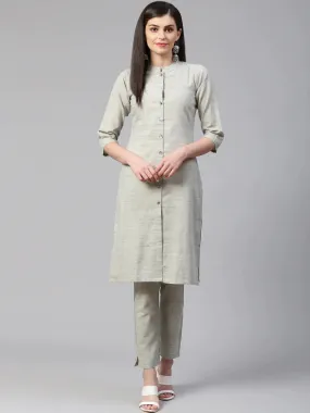 Women Grey Woven Design Kurta With Trousers