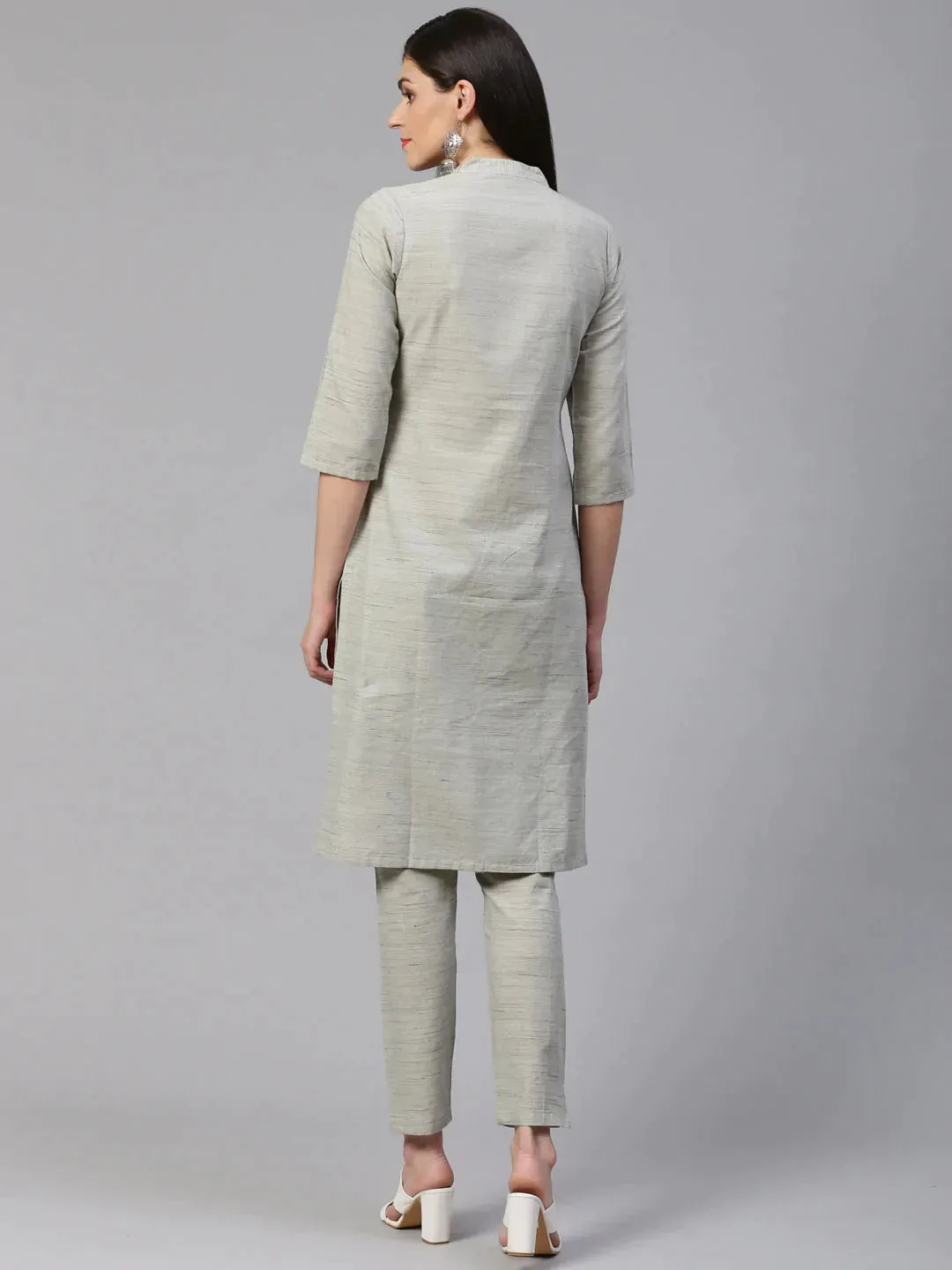 Women Grey Woven Design Kurta With Trousers