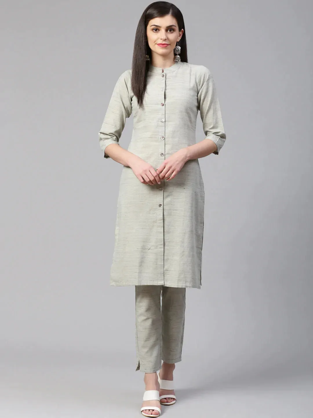 Women Grey Woven Design Kurta With Trousers