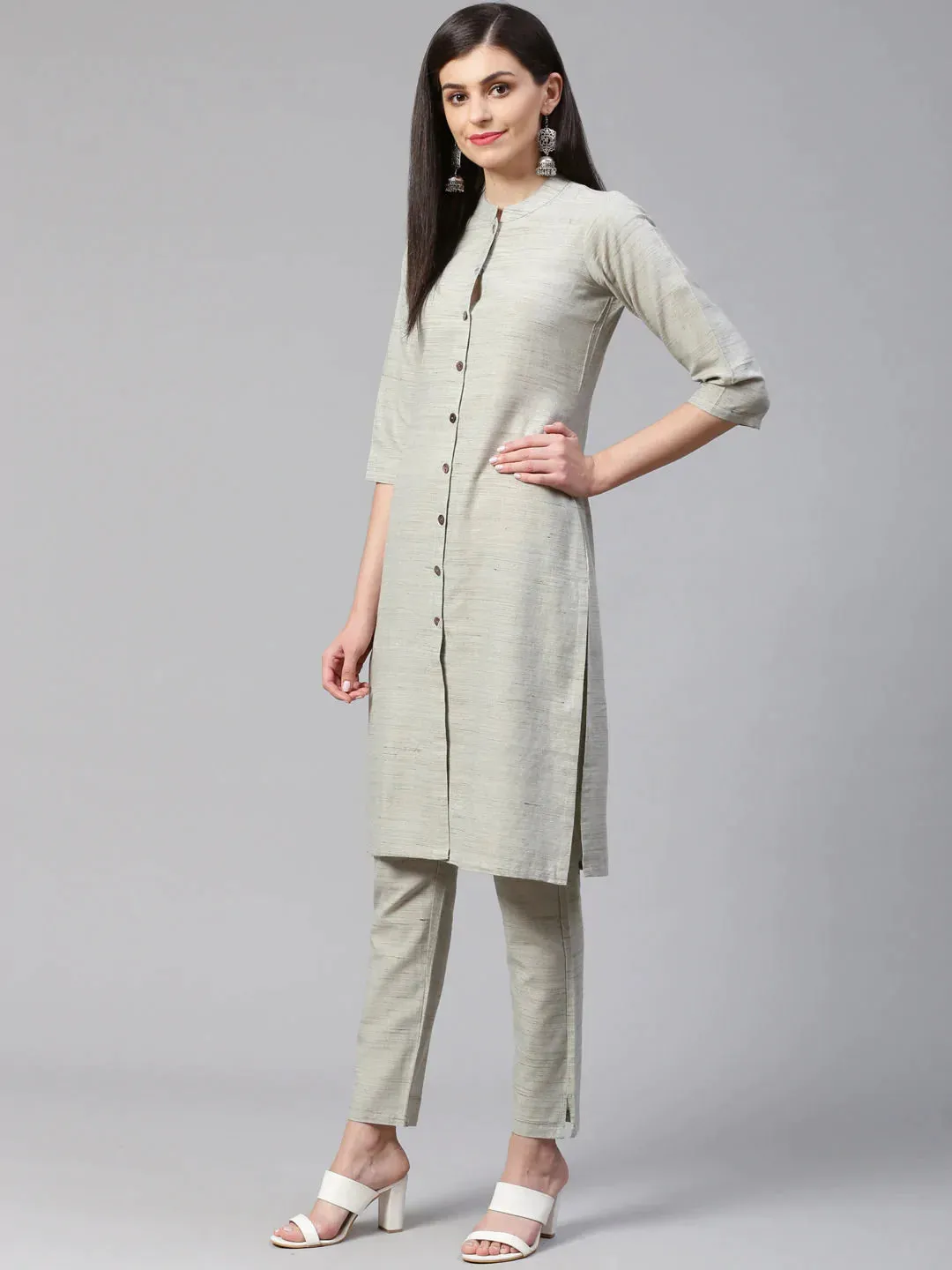 Women Grey Woven Design Kurta With Trousers