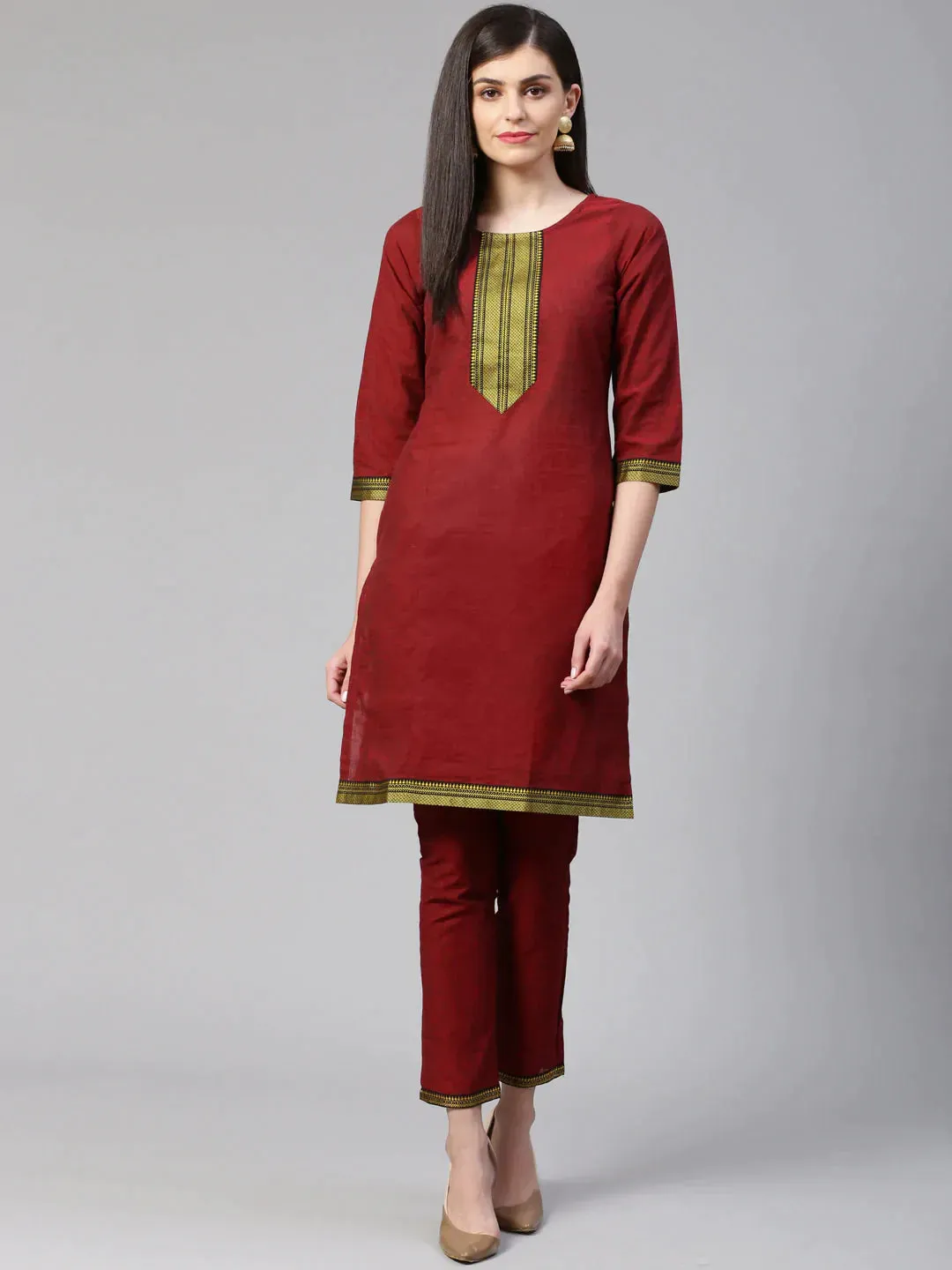 Women Maroon Yoke Design Kurta With Trousers
