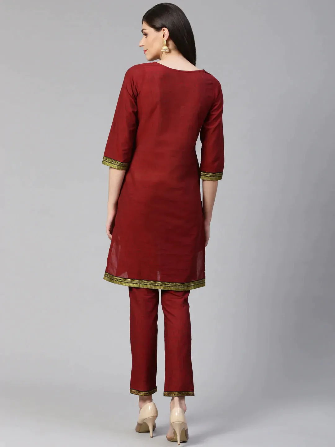 Women Maroon Yoke Design Kurta With Trousers
