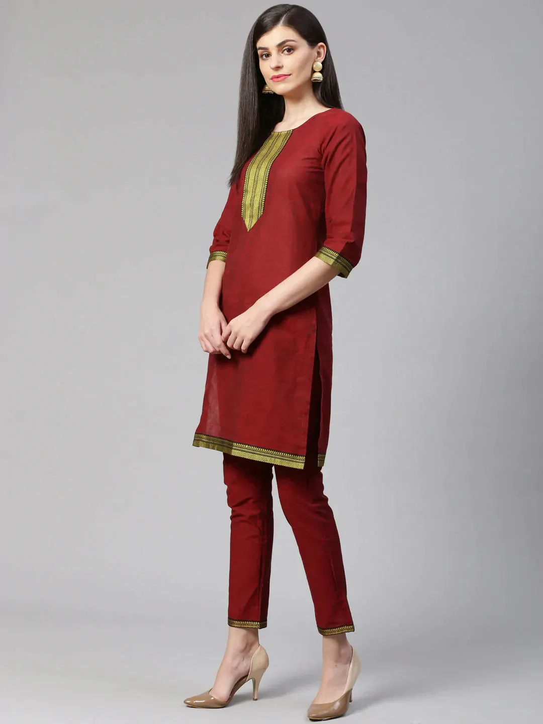 Women Maroon Yoke Design Kurta With Trousers