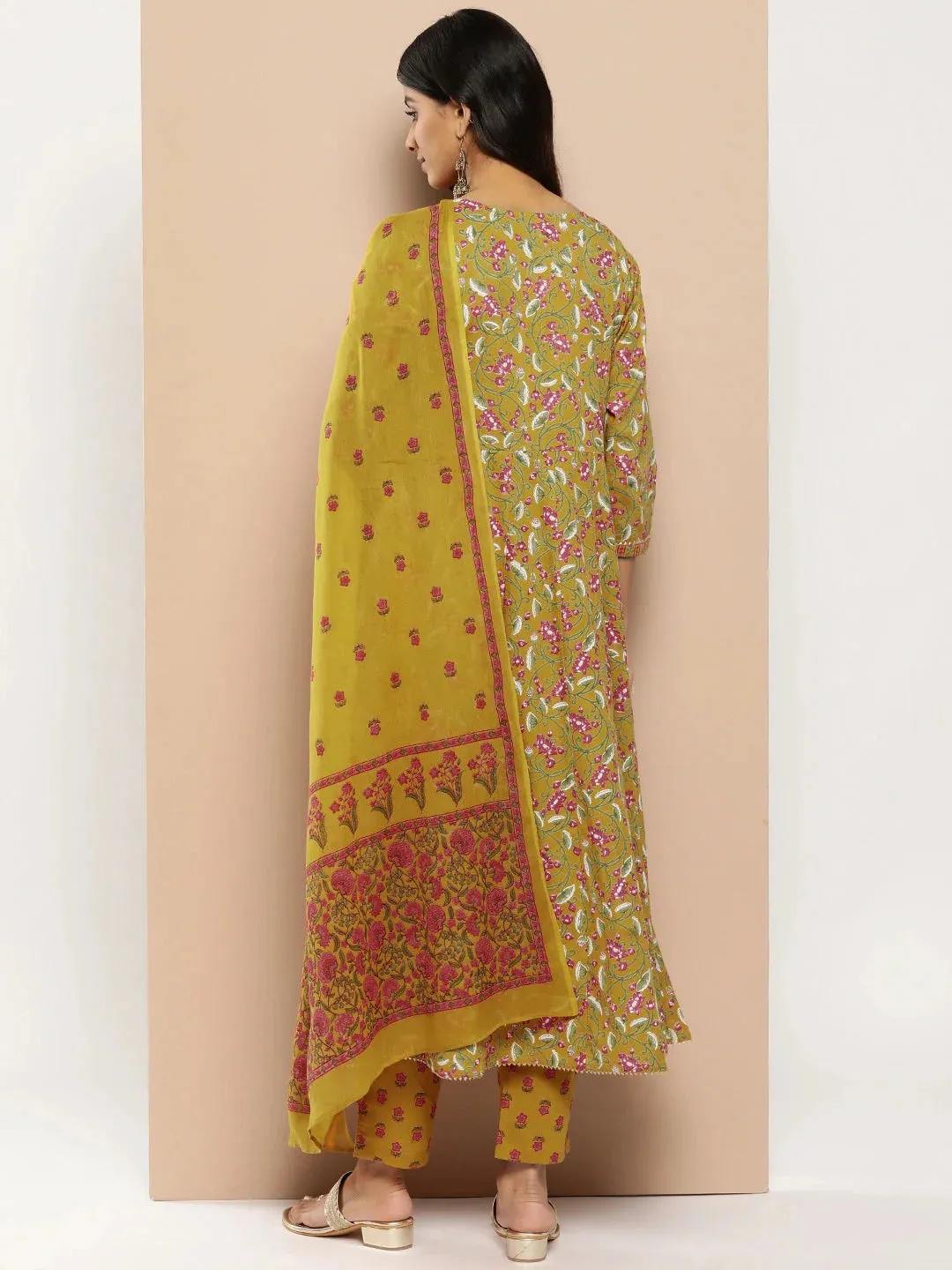 Women Mustard Yellow Floral Yoke Design Regular Sequinned Pure Cotton Kurta With Trousers & Dupatta