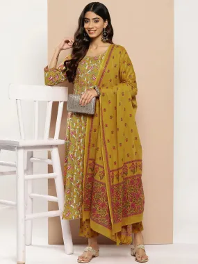 Women Mustard Yellow Floral Yoke Design Regular Sequinned Pure Cotton Kurta With Trousers & Dupatta