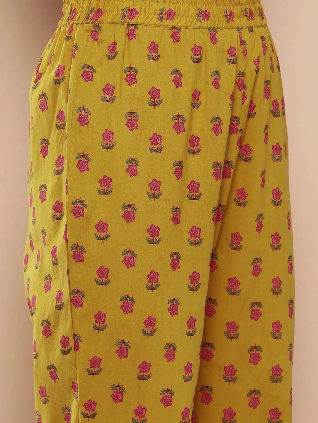 Women Mustard Yellow Floral Yoke Design Regular Sequinned Pure Cotton Kurta With Trousers & Dupatta