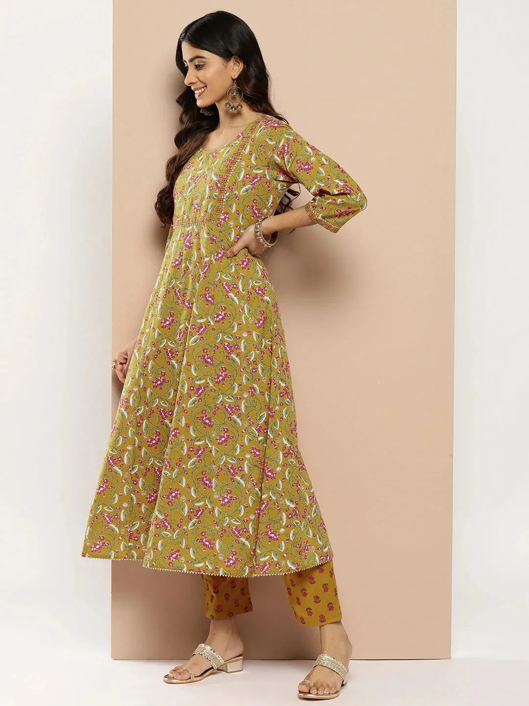 Women Mustard Yellow Floral Yoke Design Regular Sequinned Pure Cotton Kurta With Trousers & Dupatta