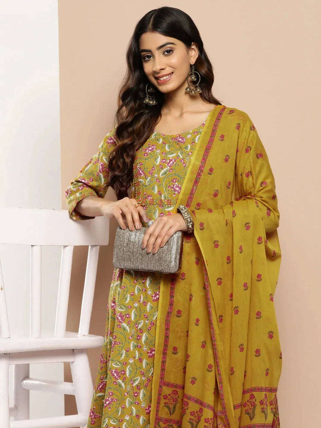 Women Mustard Yellow Floral Yoke Design Regular Sequinned Pure Cotton Kurta With Trousers & Dupatta