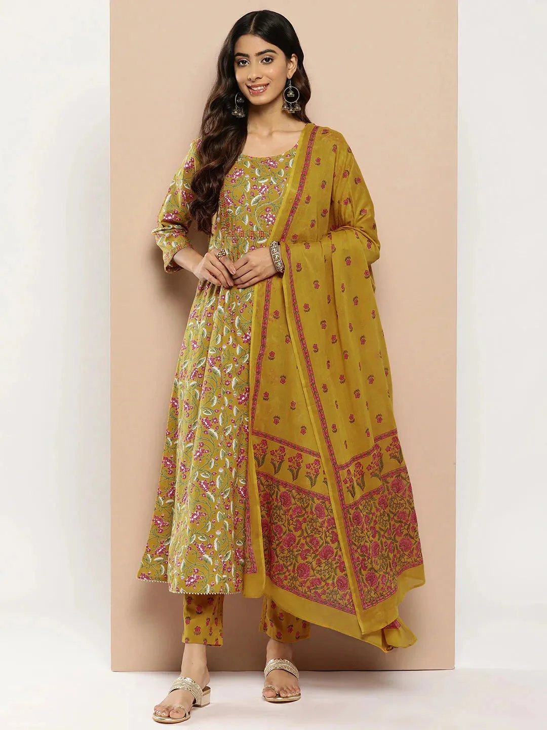 Women Mustard Yellow Floral Yoke Design Regular Sequinned Pure Cotton Kurta With Trousers & Dupatta