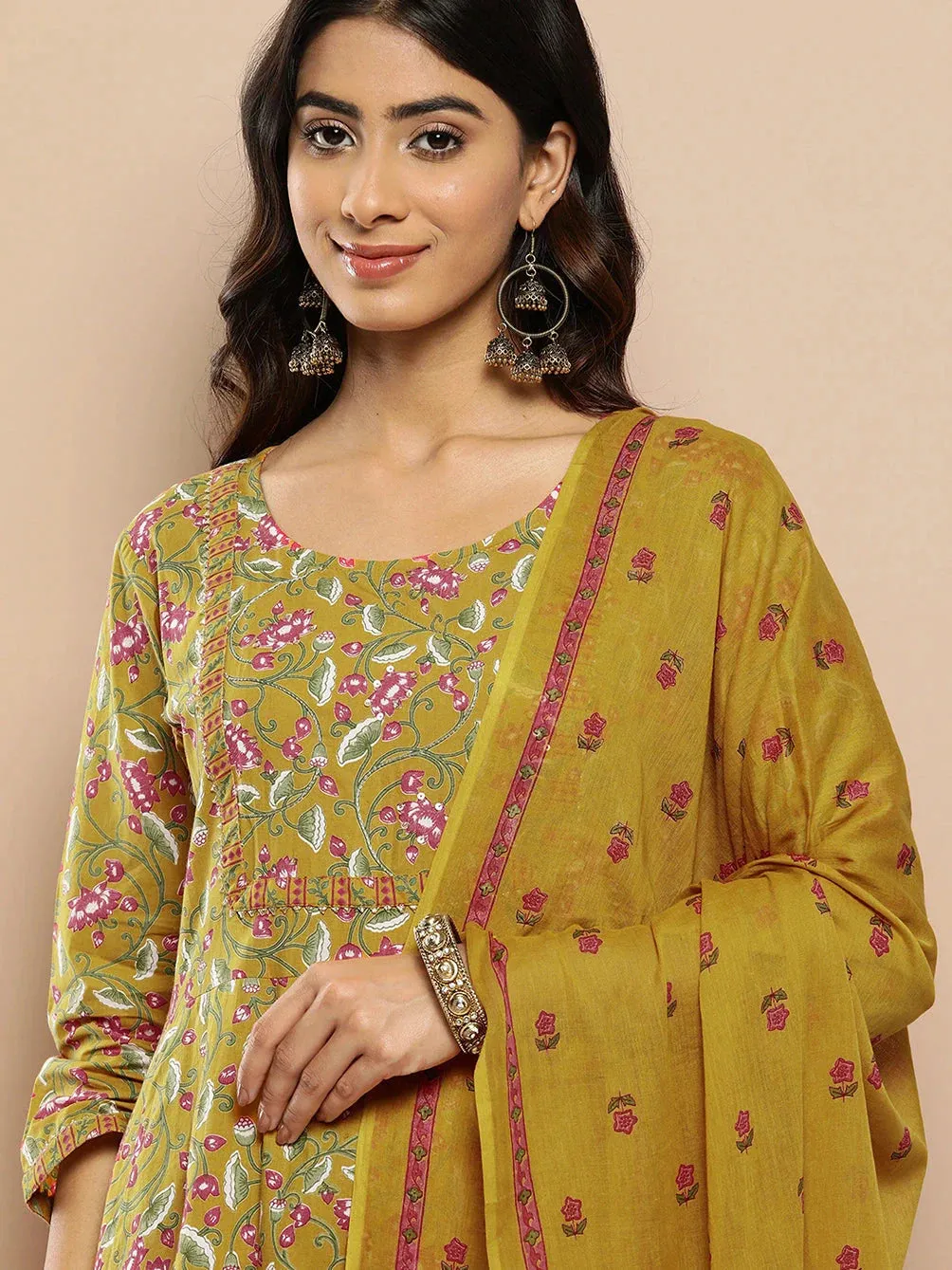 Women Mustard Yellow Floral Yoke Design Regular Sequinned Pure Cotton Kurta With Trousers & Dupatta