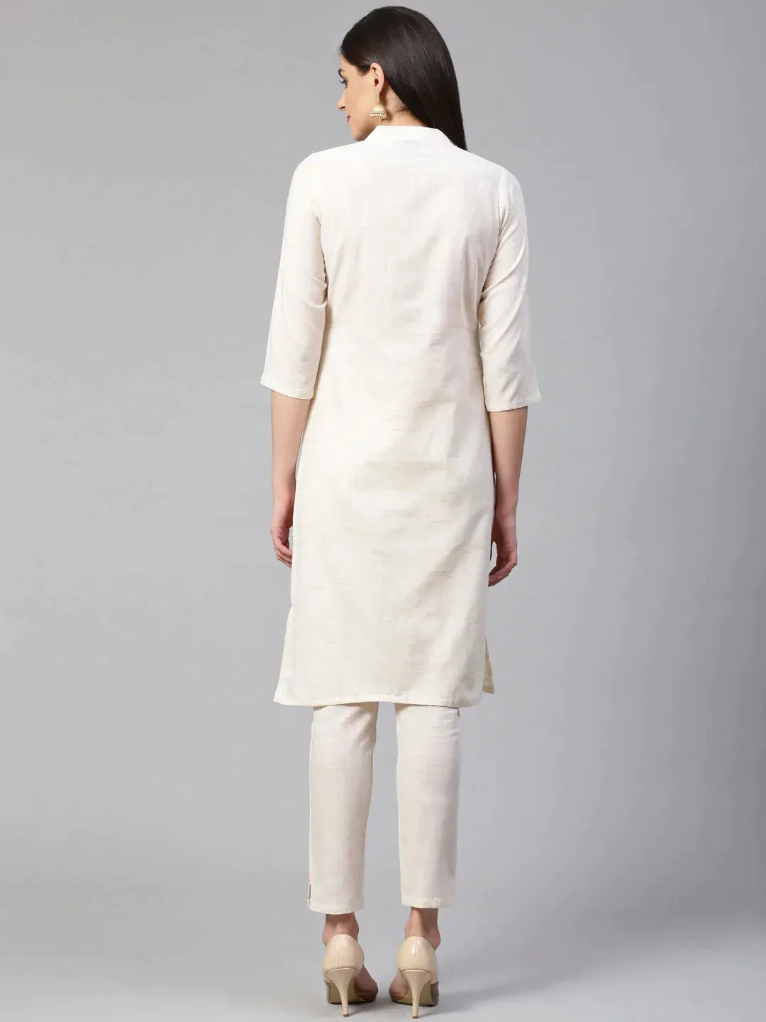 Women Off-White Woven Design Kurta With Trousers