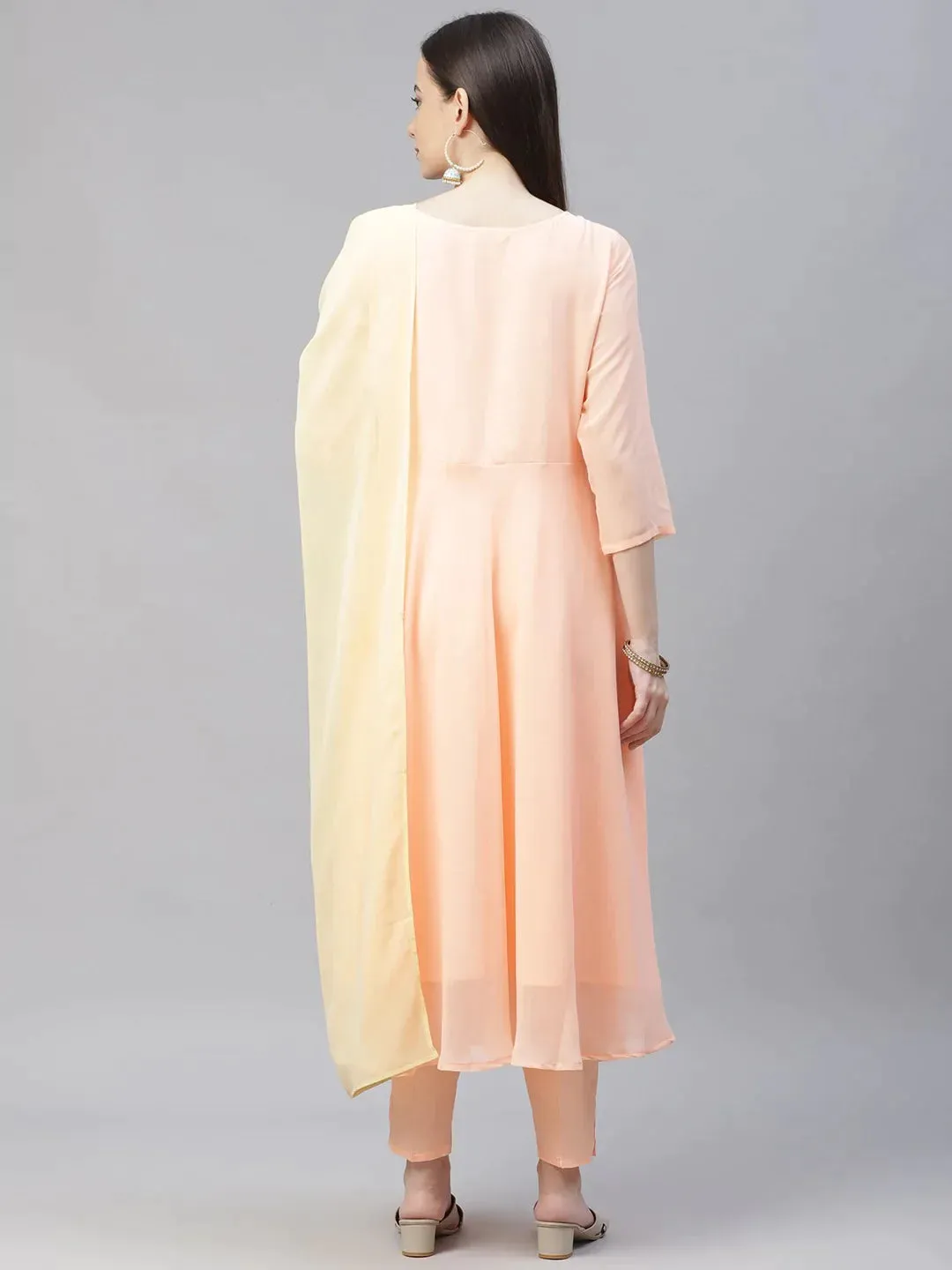 Women Peach Embroidered Regular Sequinned Kurta With Trousers & Dupatta