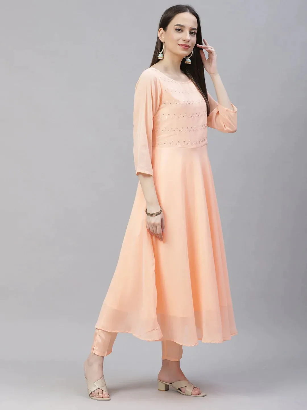 Women Peach Embroidered Regular Sequinned Kurta With Trousers & Dupatta