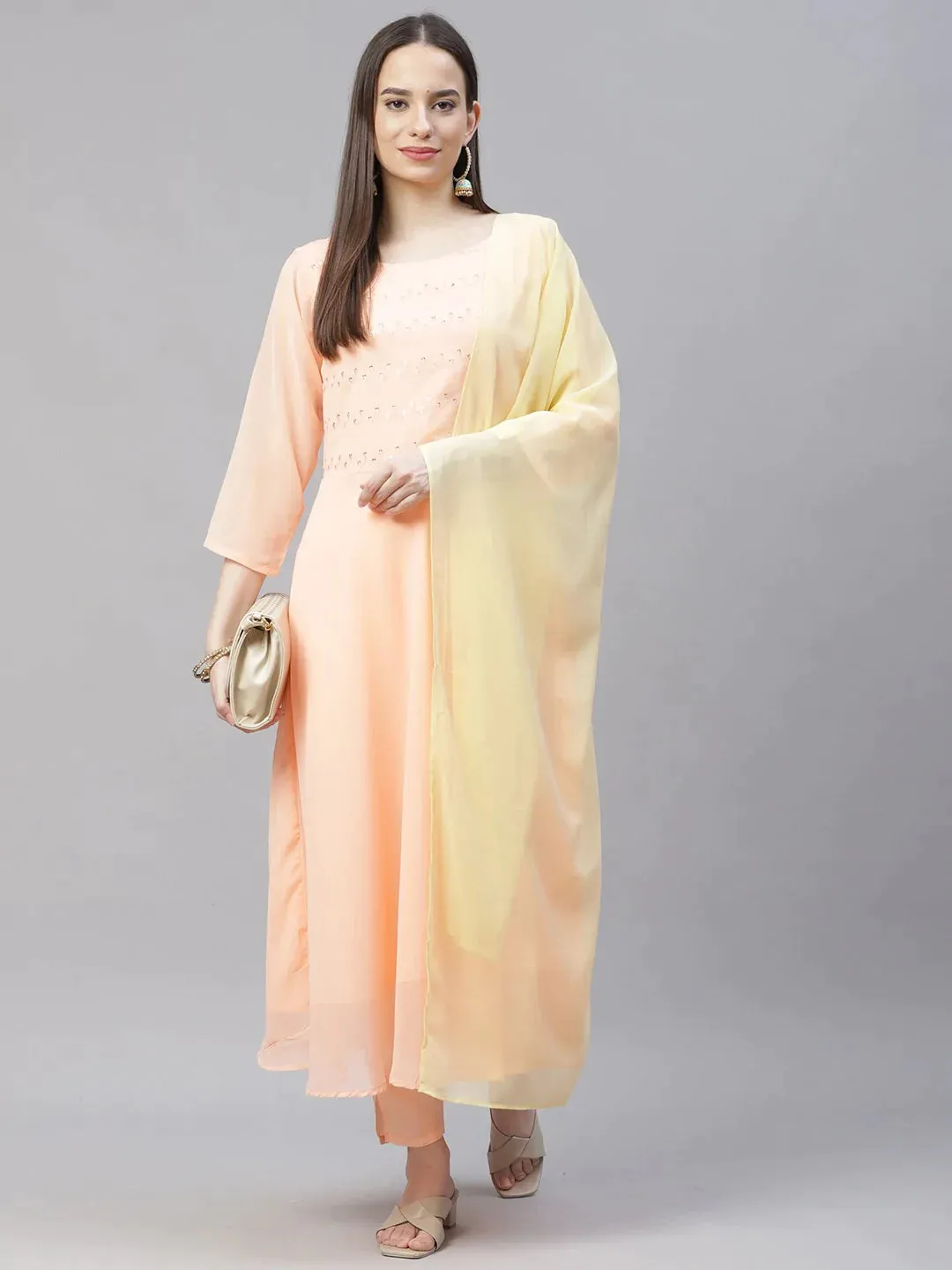 Women Peach Embroidered Regular Sequinned Kurta With Trousers & Dupatta