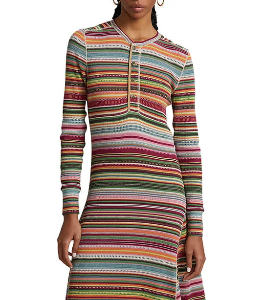 Women’s Striped Waffle-Knit Henley Dress Multi Stripe