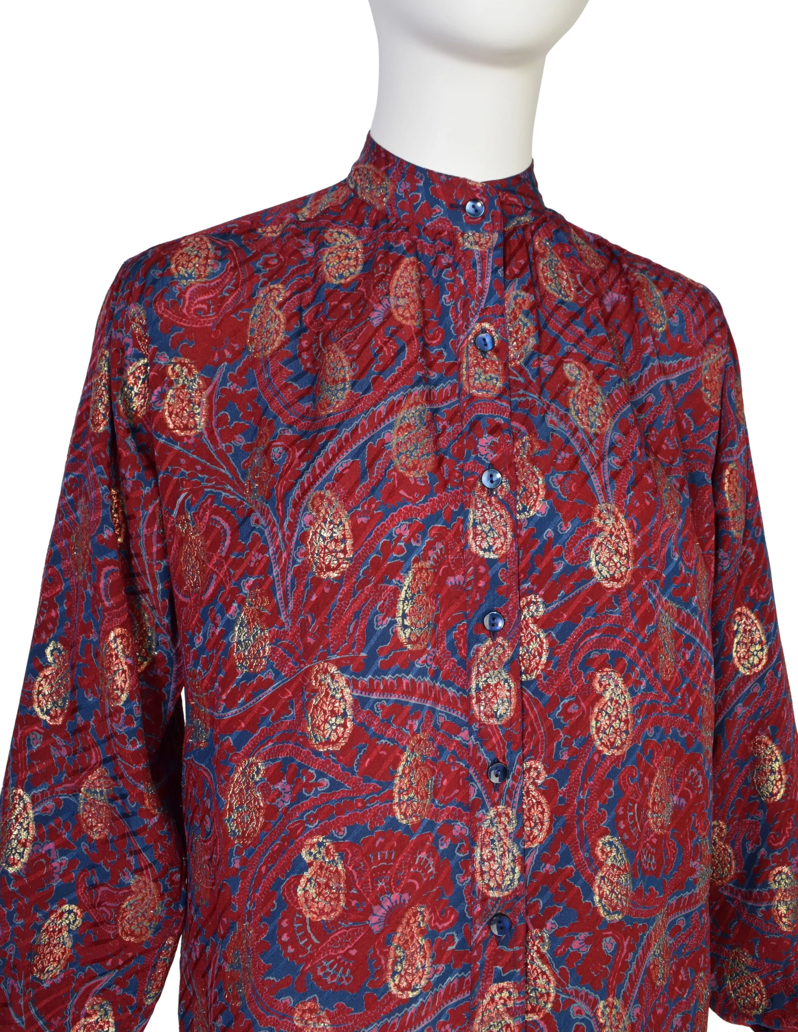 Yves Saint Laurent Vintage 1970s Maroon Blue Gold Metallic Paisley Silk Jacquard Shirt
