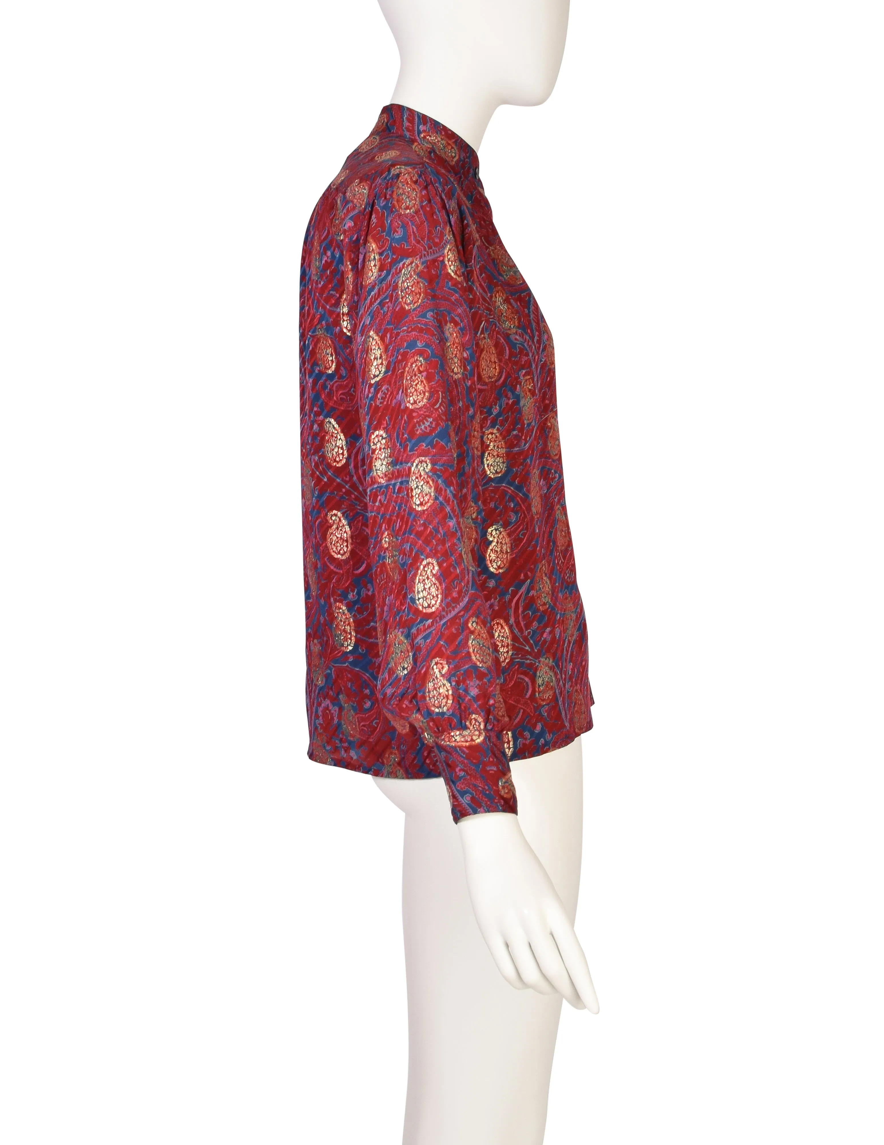Yves Saint Laurent Vintage 1970s Maroon Blue Gold Metallic Paisley Silk Jacquard Shirt