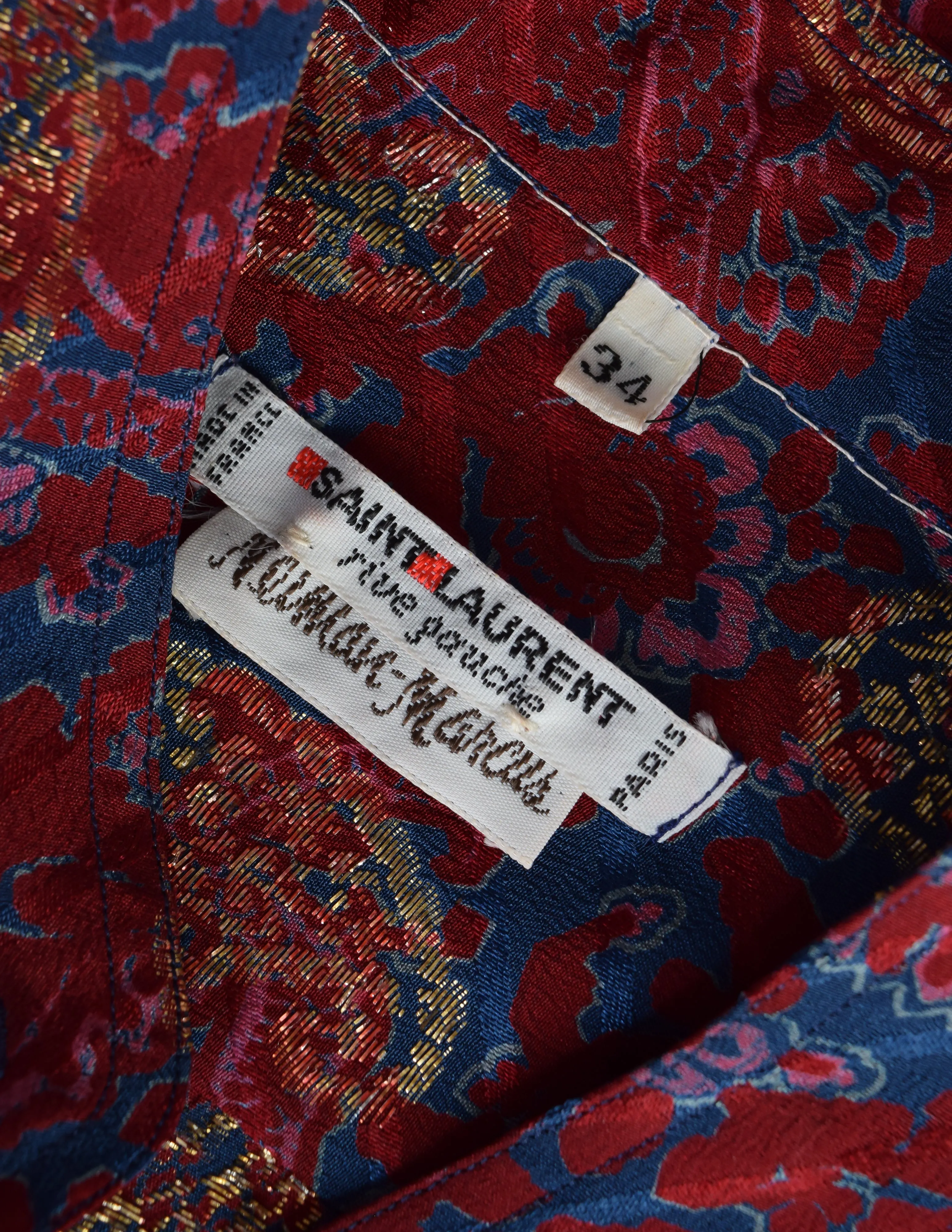 Yves Saint Laurent Vintage 1970s Maroon Blue Gold Metallic Paisley Silk Jacquard Shirt