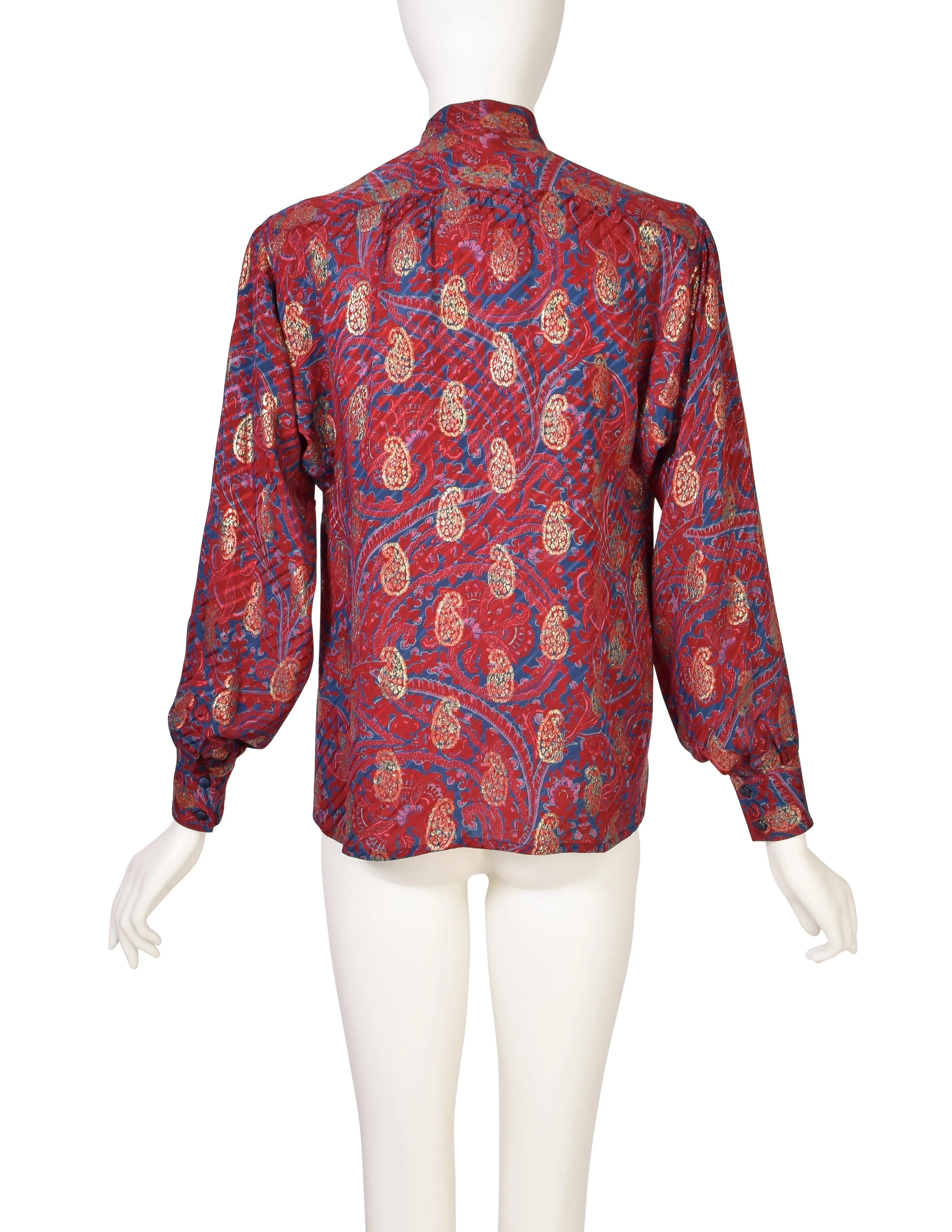 Yves Saint Laurent Vintage 1970s Maroon Blue Gold Metallic Paisley Silk Jacquard Shirt
