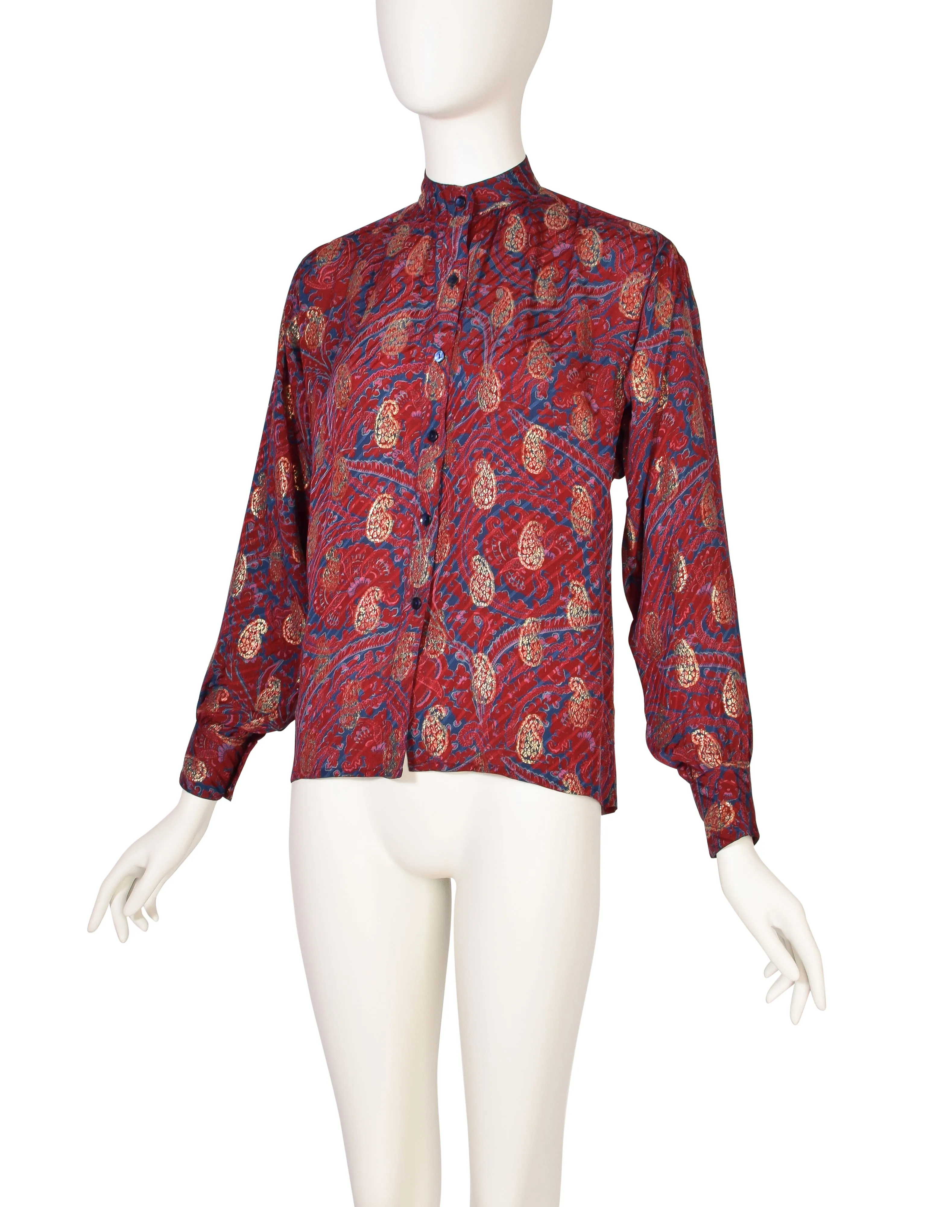 Yves Saint Laurent Vintage 1970s Maroon Blue Gold Metallic Paisley Silk Jacquard Shirt