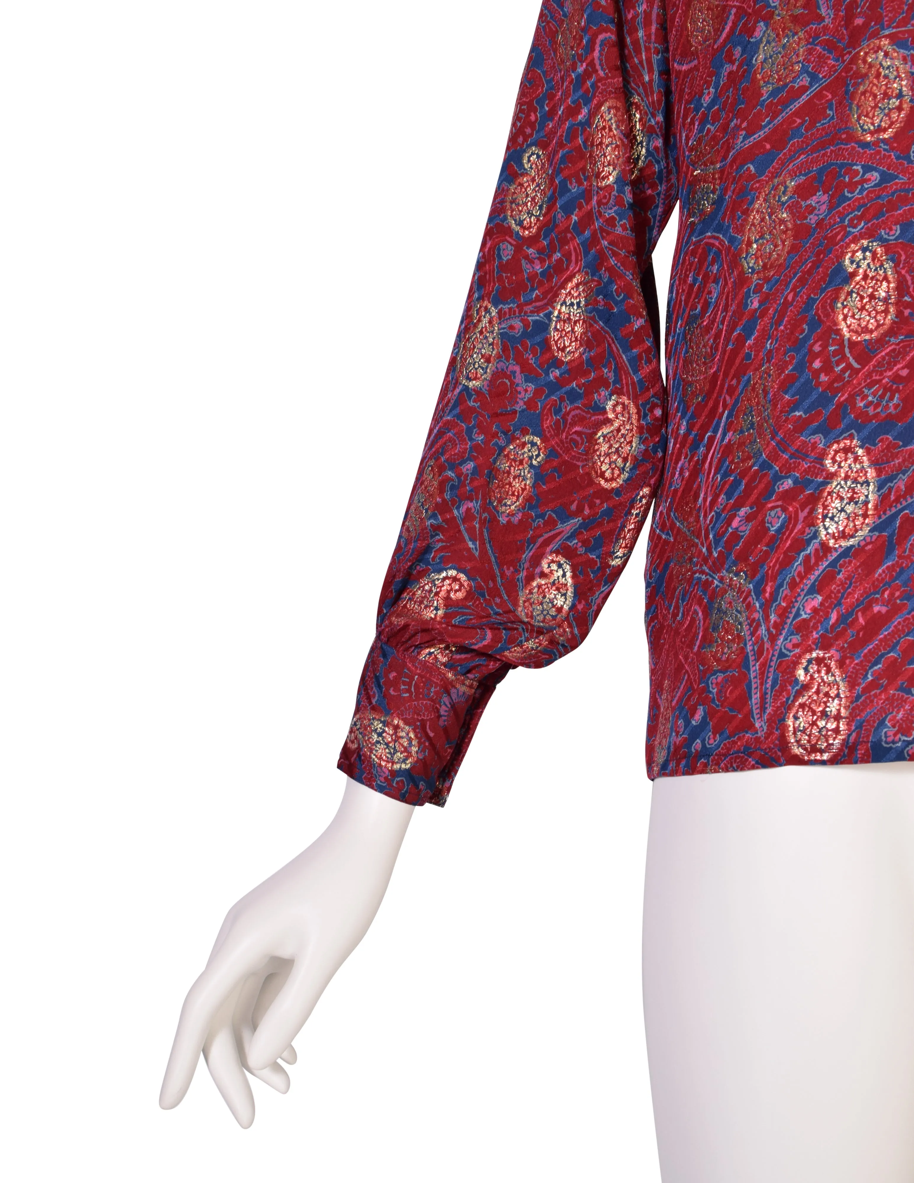 Yves Saint Laurent Vintage 1970s Maroon Blue Gold Metallic Paisley Silk Jacquard Shirt