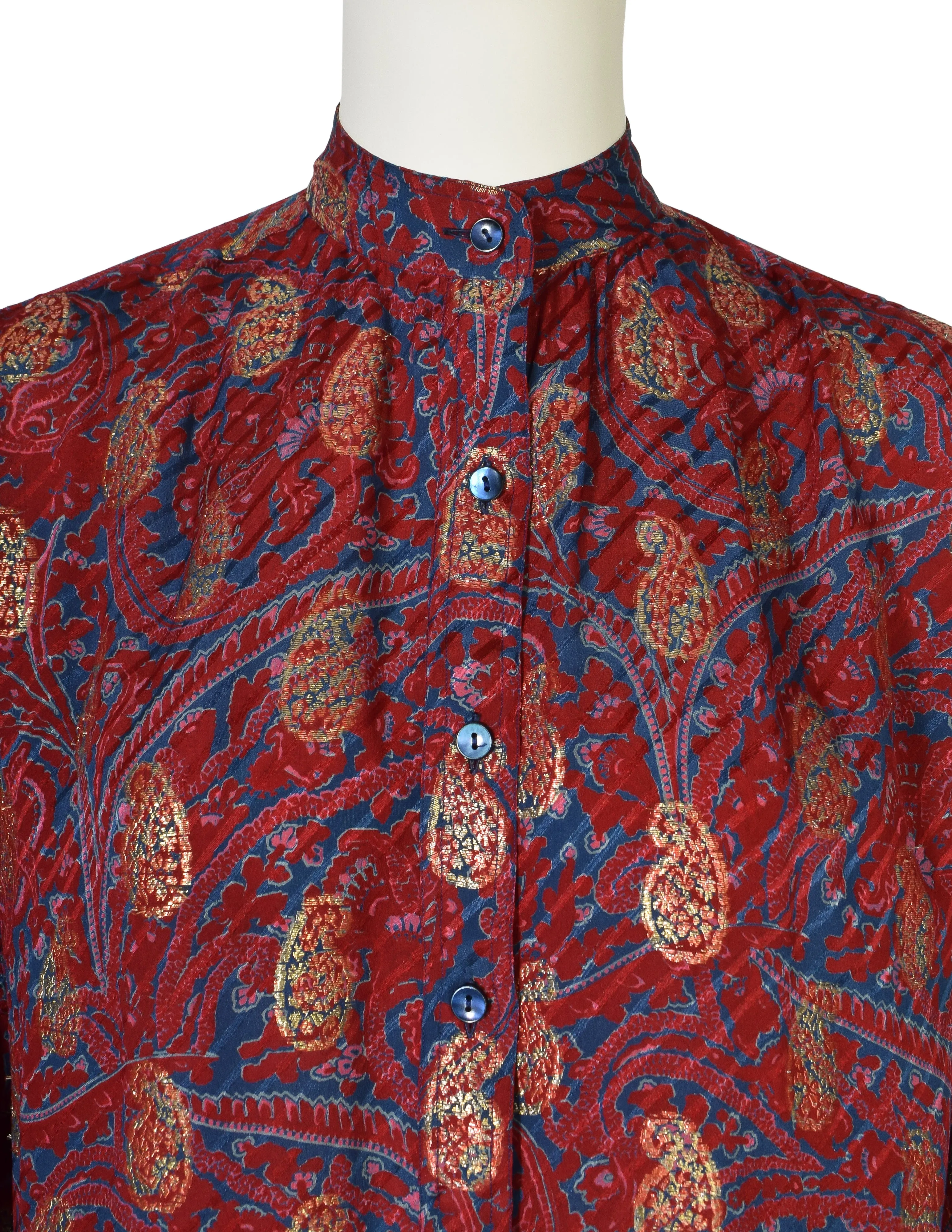 Yves Saint Laurent Vintage 1970s Maroon Blue Gold Metallic Paisley Silk Jacquard Shirt
